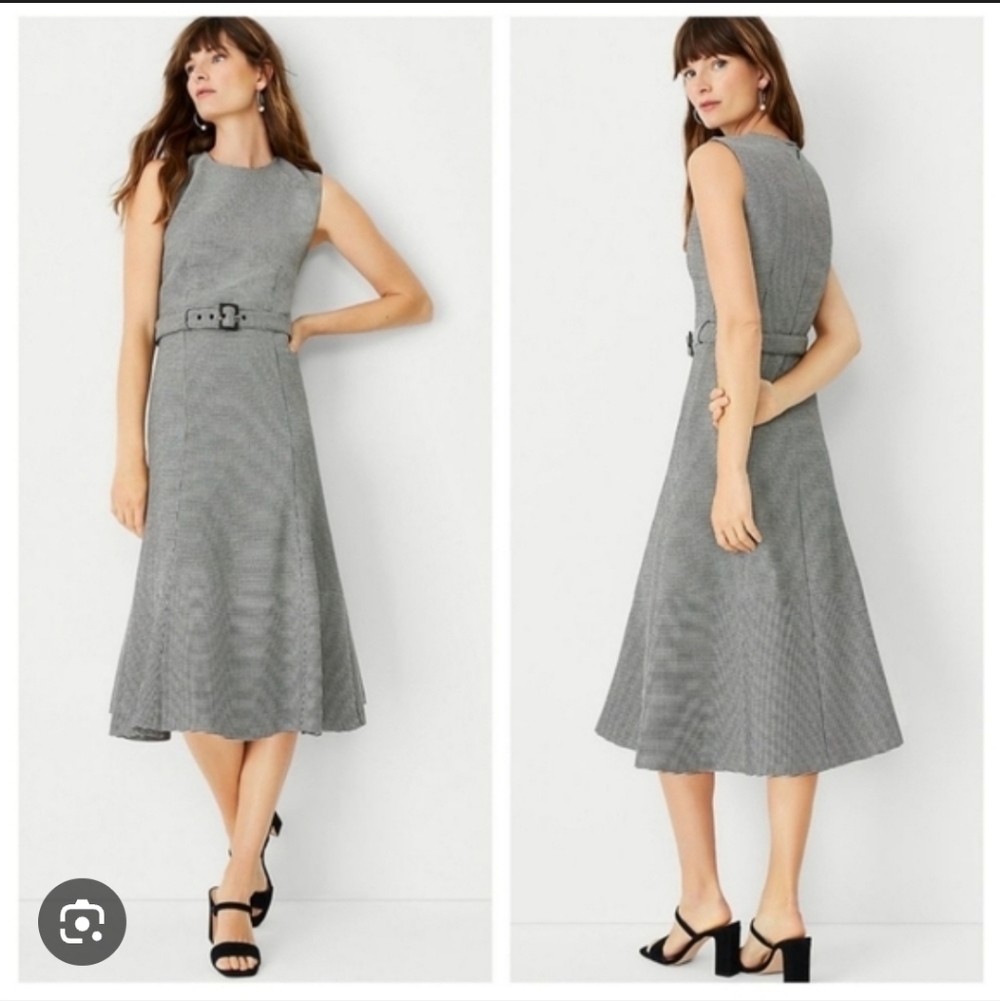 Ann Taylor Gray Houndstooth Belted Midi Dress
